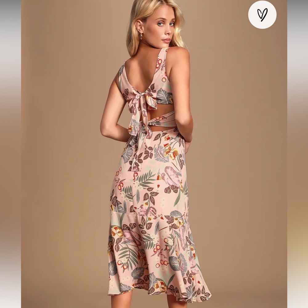 NWT Lulus Island Sun Blush Pink Tropical Print Tie-Back Midi Dress